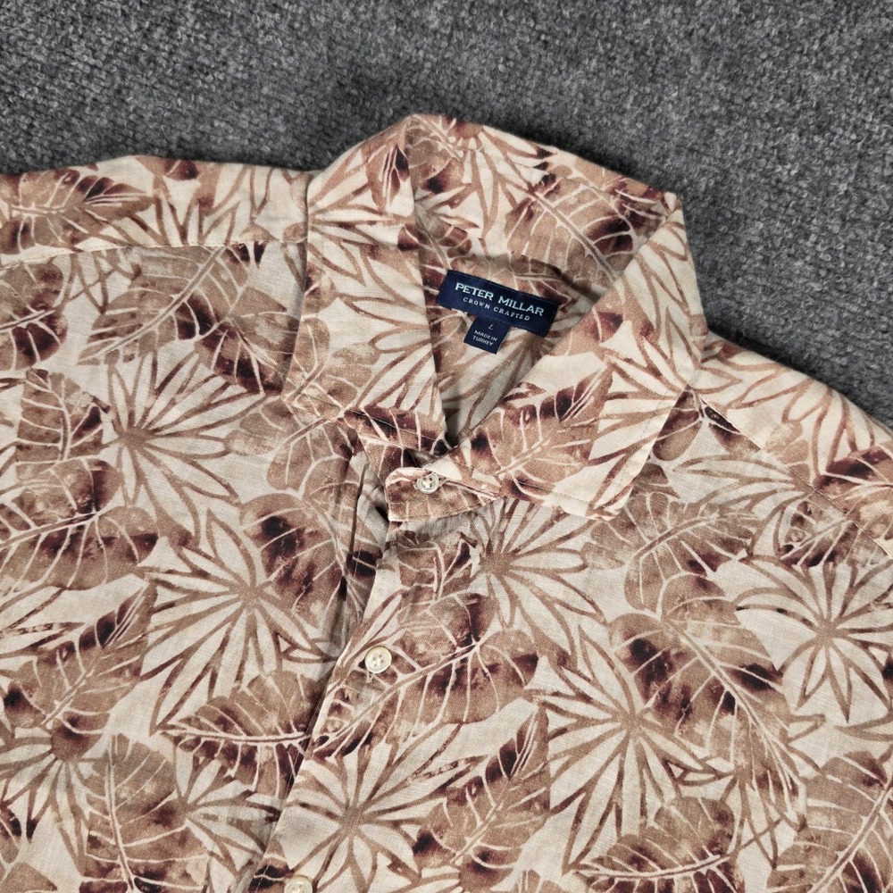 Peter Millar Linen Button Down Mens L Tan Tropical Crown Crafted MS23XW10SUX NWT